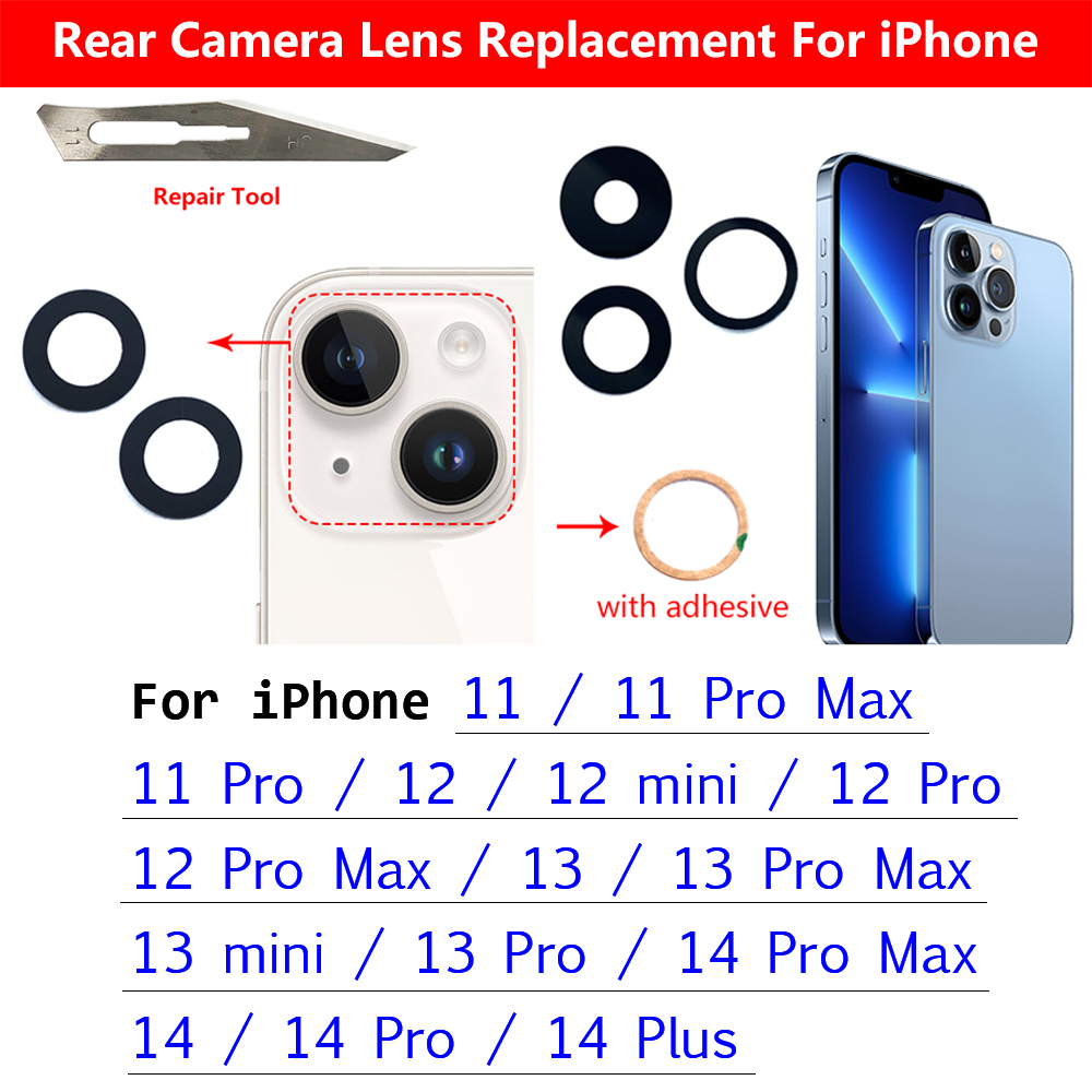 ใหม่เปลี่ยนเลนส์กล้องด้านหลังเลนส์กล้องด้านหลังพร้อมสติกเกอร์กาวสําหรับIPhone 11 12 13 14 Pro Max Mini 15 Plus