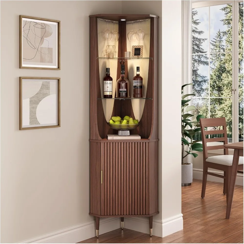 70" Tall Corner Bar Cabinet, Mid-Century Modern Fluted Storage Cabinet with Glass Shelves, Door & LED Lighting, Space-Saving
