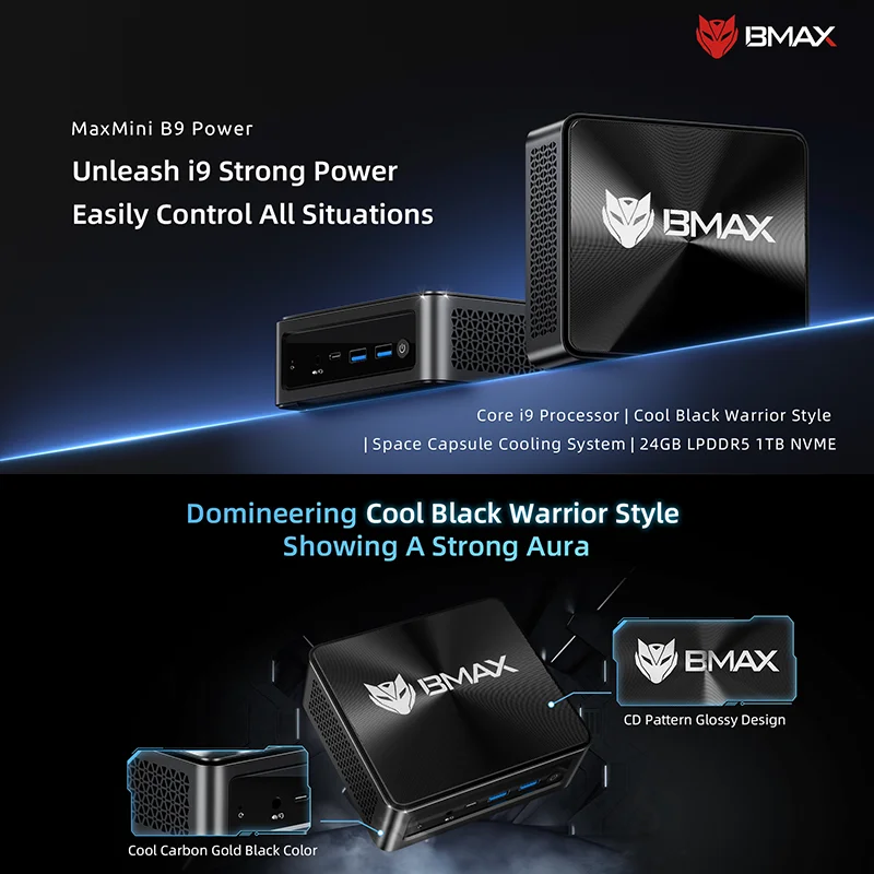 BMAX-Mini PC B9 Power, Intel Core i9-12900H, 14 нúcleos премиум. 5,0 ГГц, 24 ГБ LPDDR5 RAM 1 ТБ SSD, DP + HDMI + tipo-c 4K Triple pant
