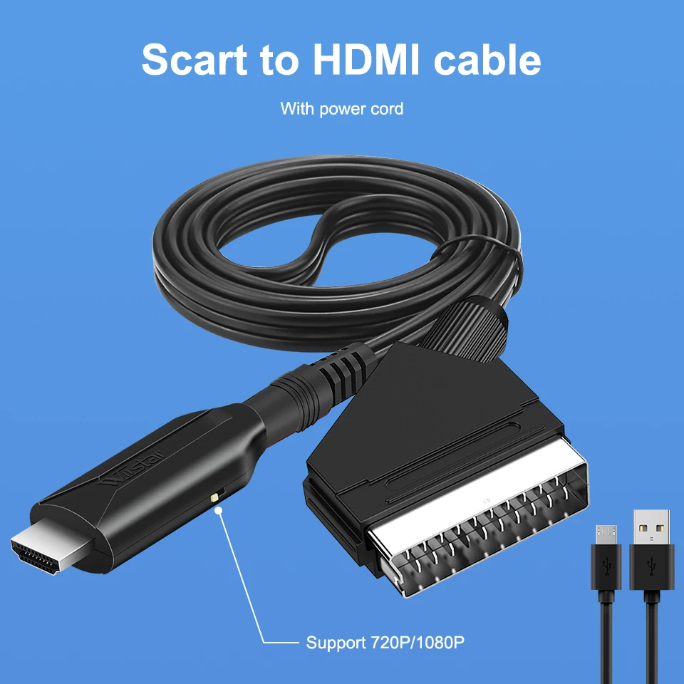 Adaptador compatible con SCART a HDMI, cable convertidor de entrada SCART a salida HDMI para HD TV DVD Box, 1080P