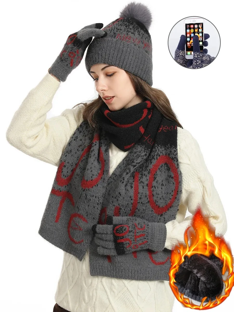 3 uds guantes de bufanda de punto de invierno para mujer conjunto de gorro forrado de lana cómodo suave Casual cálido conjunto de guantes rojos conjunto a prueba de viento al aire libre