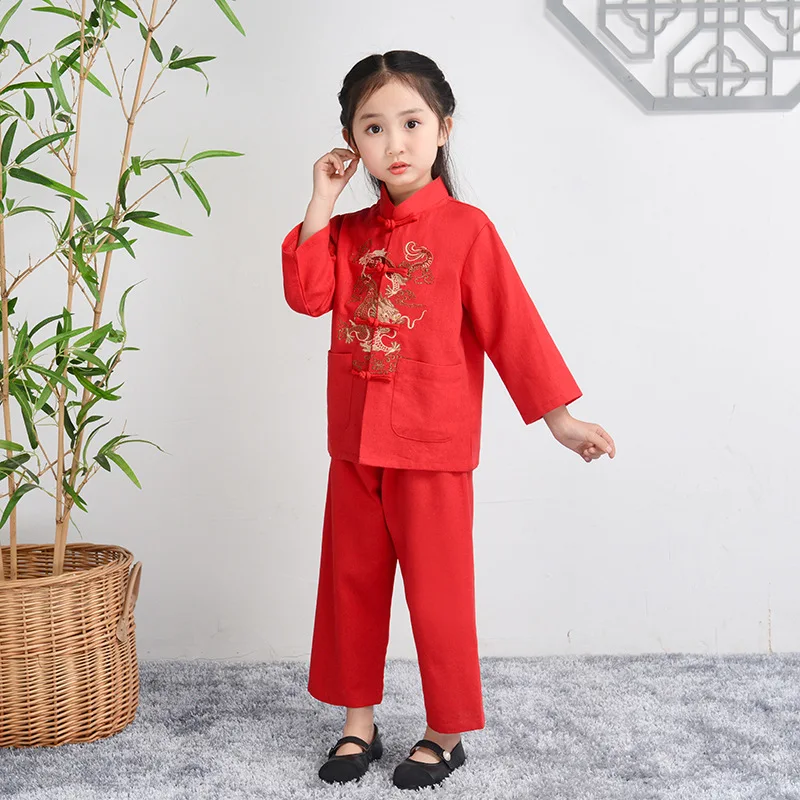 소년 코튼 라인 당나라 옷 긴 소매 Hanfu 세트 어린이 중국 스타일 셔츠 & 바지 2Pcs 복장 자수 드래곤 Kongfu 의상