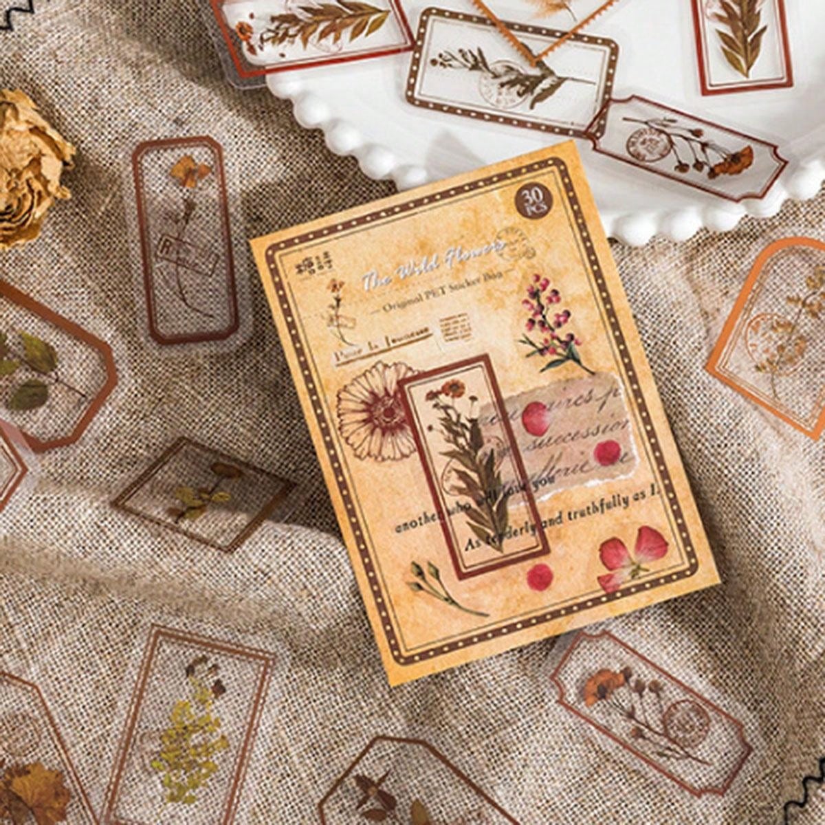 ヴィンテージフローラルアカウントステッカー,手作りのペットステッカー,防水素材,日曜大工のコラージュ,スタイル別に15パターン,1パックあたり30枚