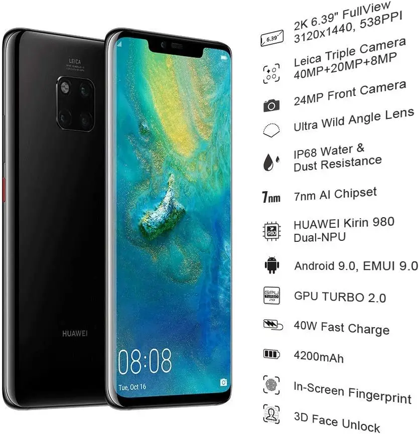 Global Version HUAWEI Mate 20 Pro mobile phone 6.39 inch HiSilicon Kirin 980 40MP Camera Google Play NFC phone