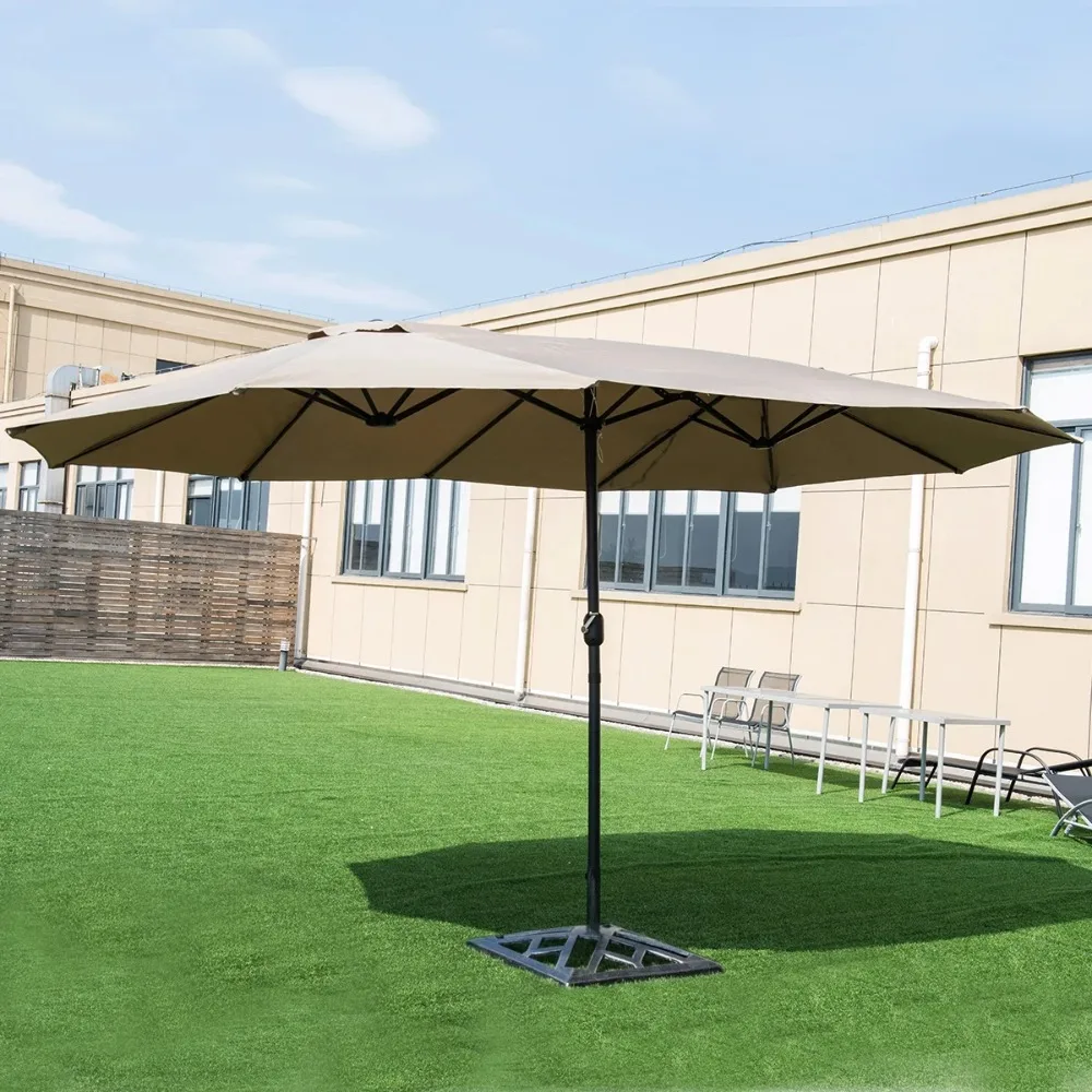 15ft Outdoor Parasol, Double Sided Double Patio Umbrella with Crank Handle, Beige