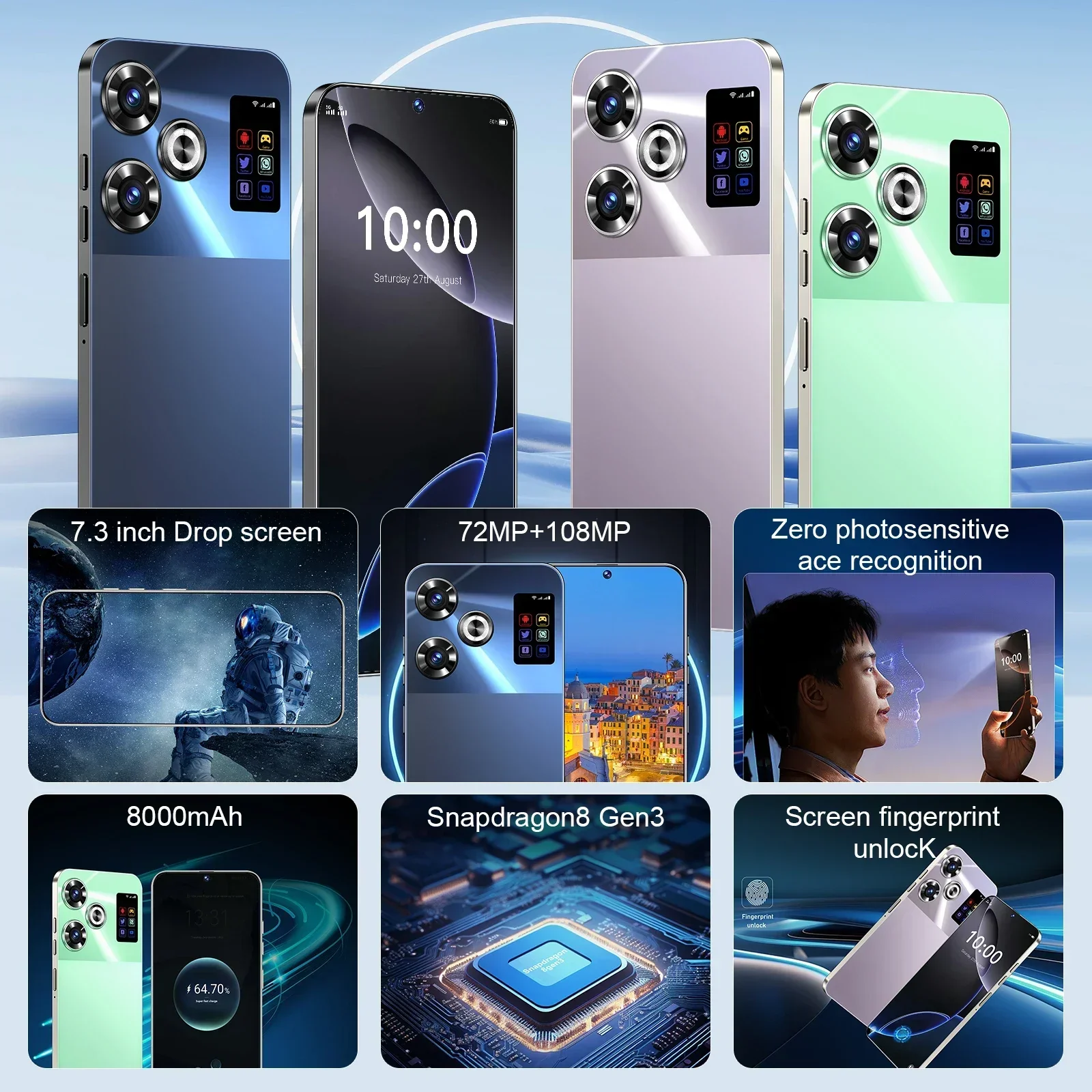 สมาร์ทโฟนM6 RROเดิม7.3นิ้วGlobal Version 16G + 1TB Snapdragon 8 Gen3 Android14 72 + 108MP 4G/5Gโทรศัพท์มือถือโทรศัพท์มือถือNFC