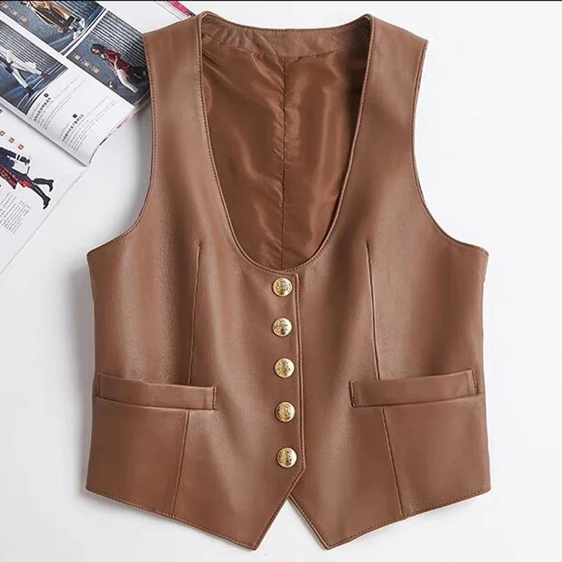 Chaleco de cuero genuino con cuello en V para Mujer, gabardina occidental, Tops con una botonadura, informal, fácil de combinar, otoño