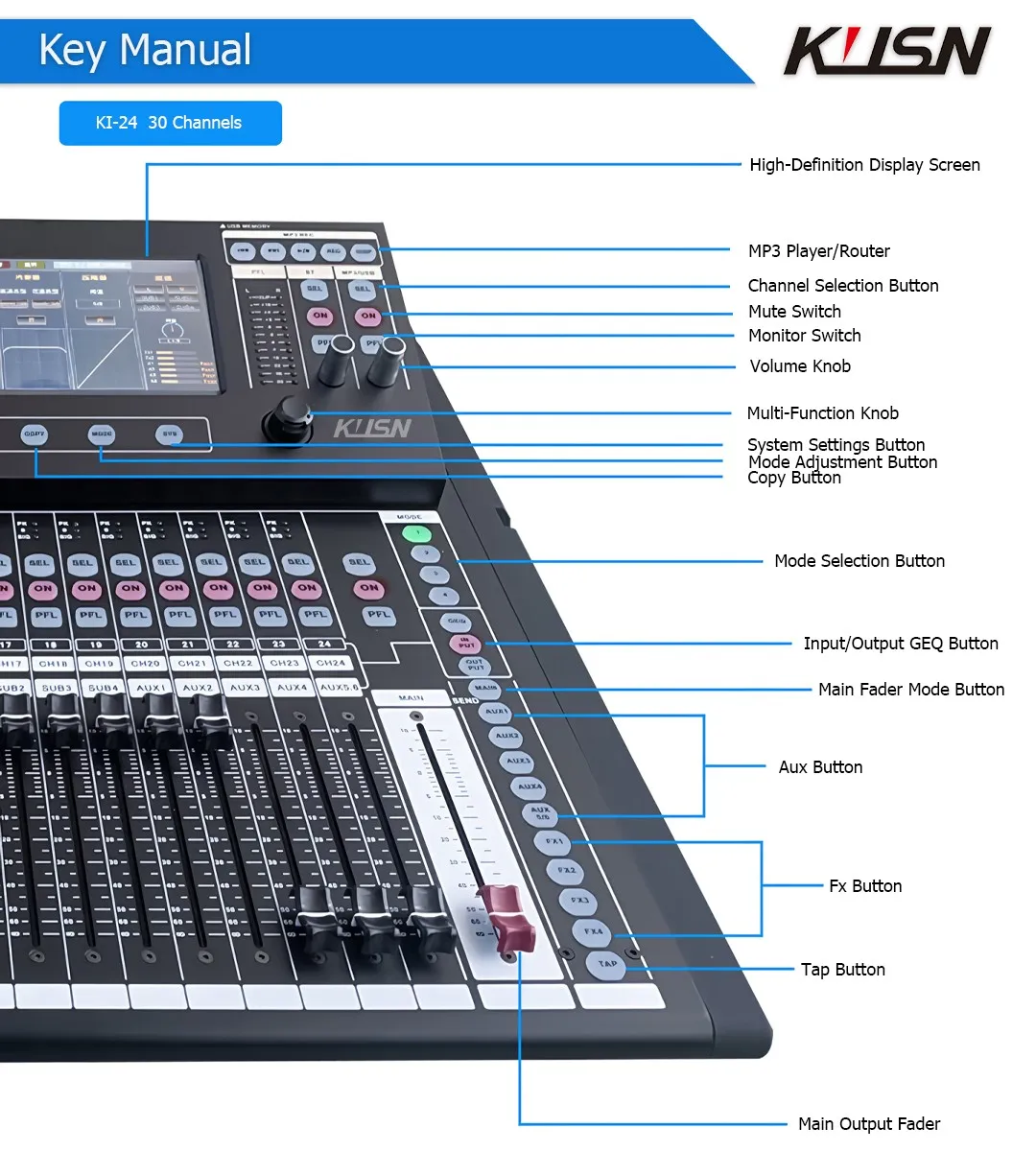 KI-16 16 Channel 2 Group Professional Audio Mixing Console Digital Sound Mixer Console With 5-inch Touchscreen Display USB