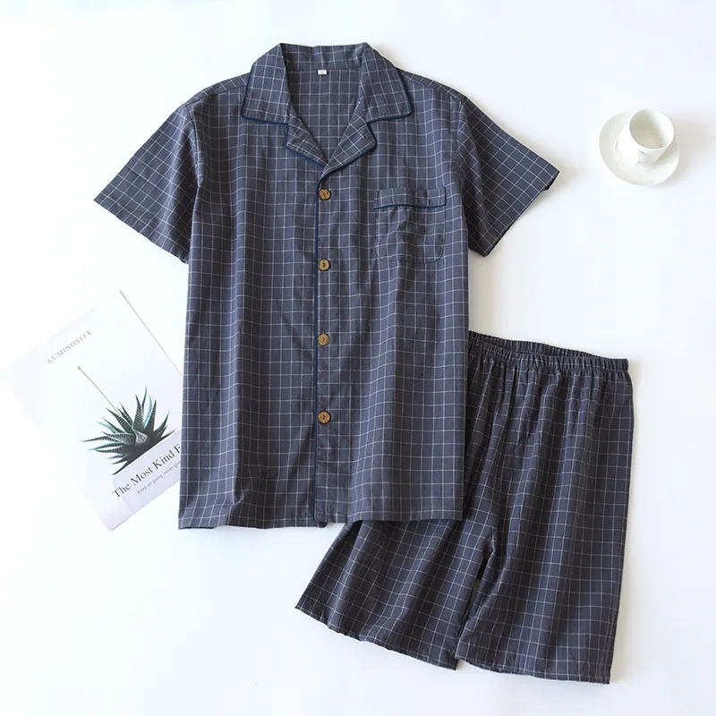 High Quality and Durable Men Cotton Pajama Set Single-Line Checkered Matching Loungewear Checkered Cardigan Shorts Sleepwear