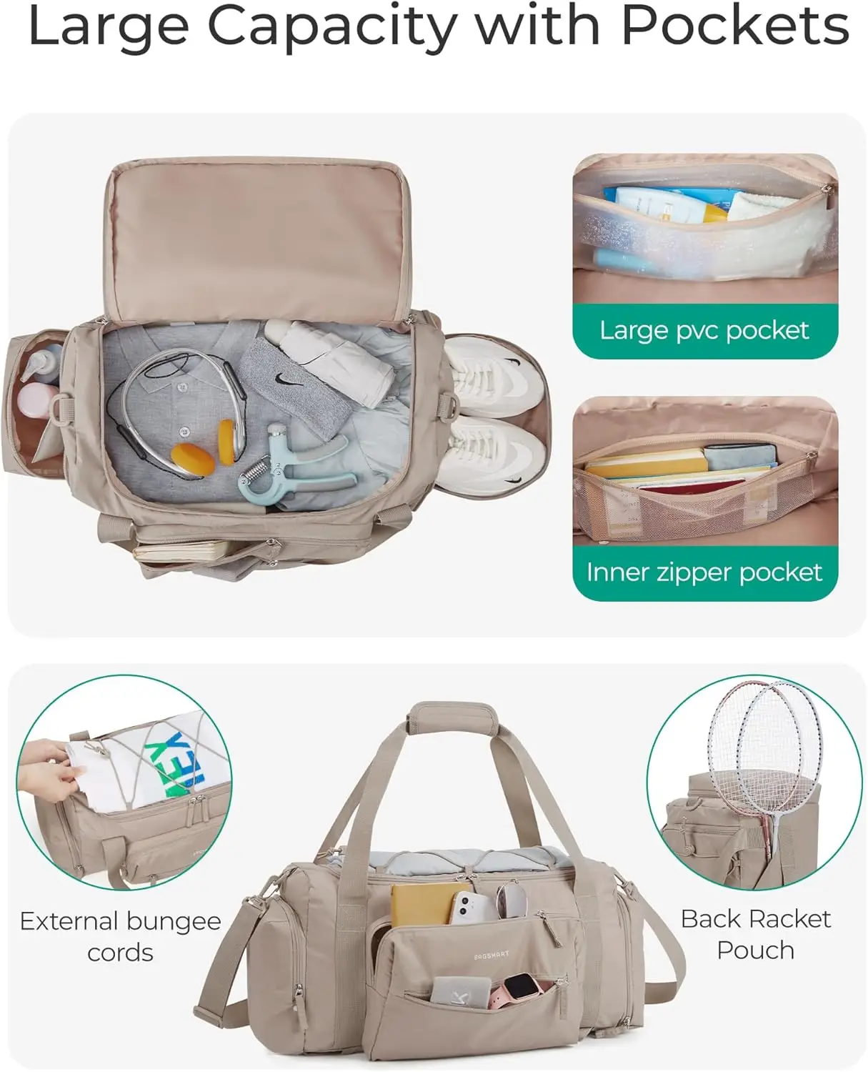 女性と男性のためのBAGSMART-TSA軽量ダッフルバッグ、ジムバッグ、靴コンパートメント、ウェットポケット、週末の持ち運び、30l、4 in 1
