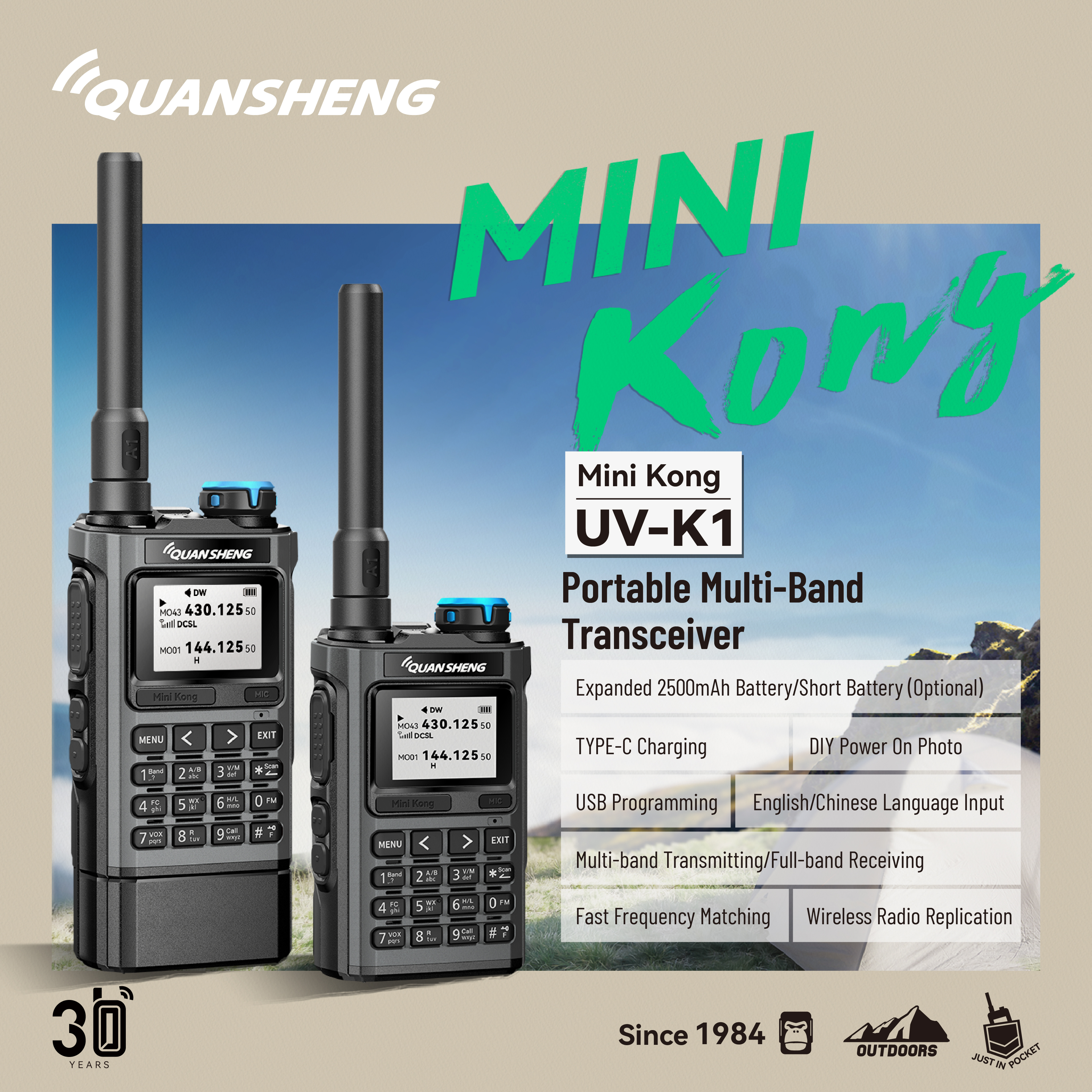 Quansheng UV-K1 Mini Kong Radio bidireccional 50-600MHz NOAA tipo C carga walkie talkie multibanda compatible con programación USB