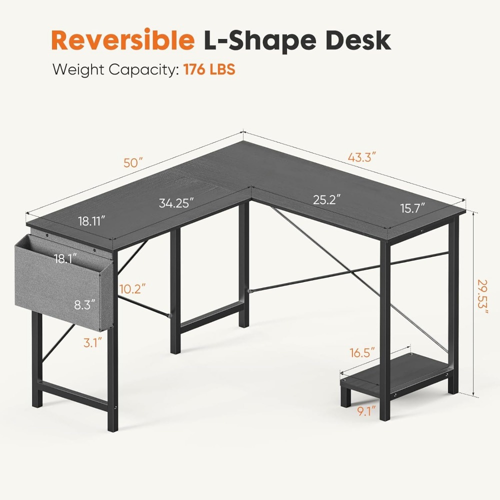 L Shaped Desk - Computer Desk Corner Desks Gaming Desk PC Table with CPU Stand Side Bag for Home Office Dorm Sturdy Writing Wor