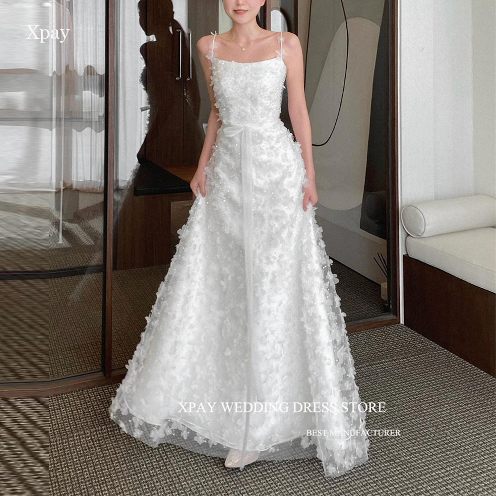 XPAY elegante cuentas de encaje una línea vestidos de novia personalizado Corea tirantes espagueti hasta el suelo vestido de novia corsé espalda Mariage