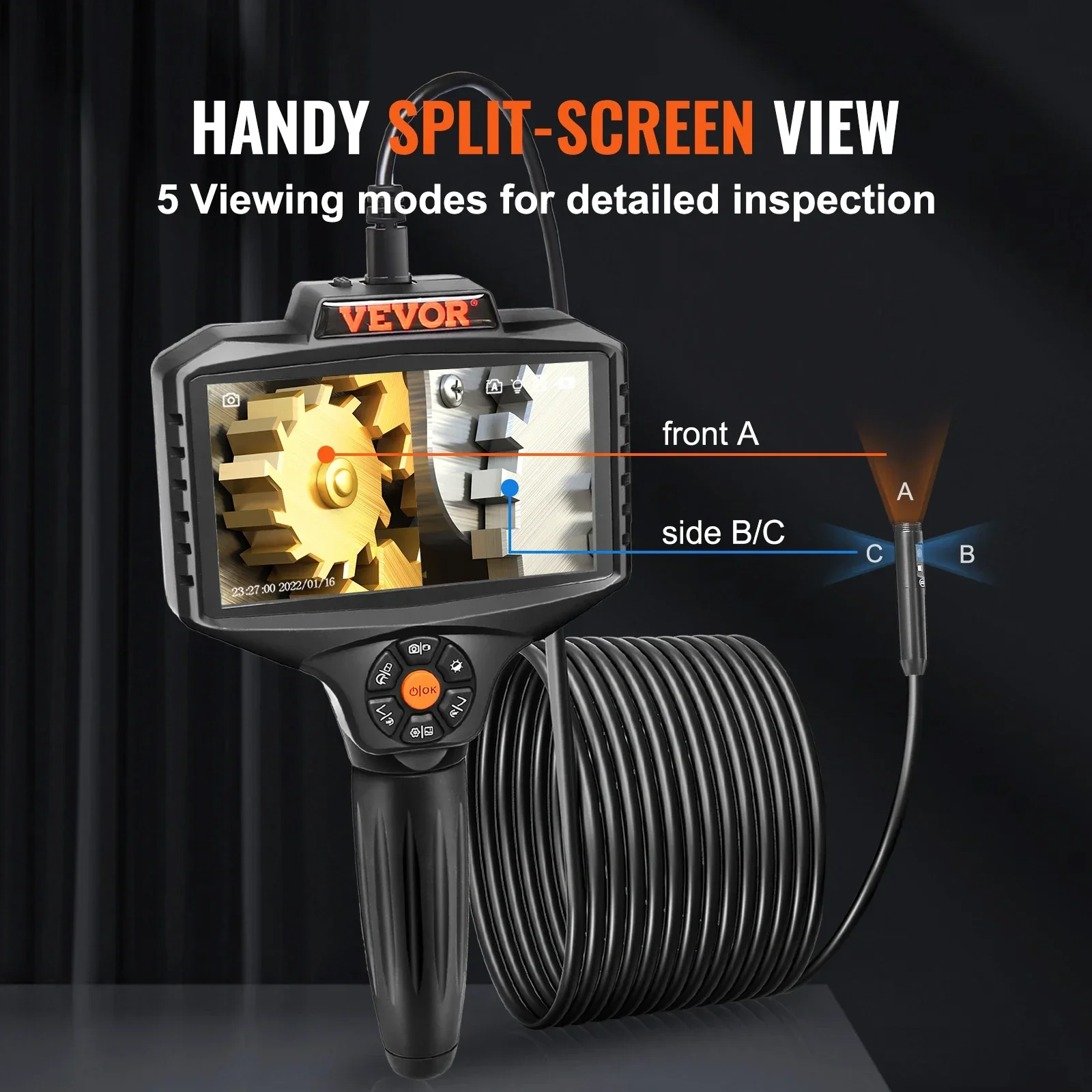 VEVOR Triple Lens Industrial Endoscope 5" IPS Screen Borescope Inspection Camera with Lights Split Screen 8xZoom IP67 Waterproof