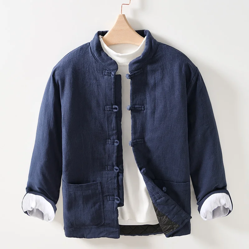 Chaqueta acolchada cálida de estilo chino Retro para hombre, chaqueta holgada Harajuku de Color sólido que combina con todo, prendas de vestir con botones y nudo de lino y algodón para hombre