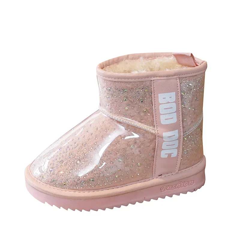 Botas de felpa de algodón cálidas para invierno, botas de nieve antideslizantes con purpurina transparente, zapatillas informales para niña