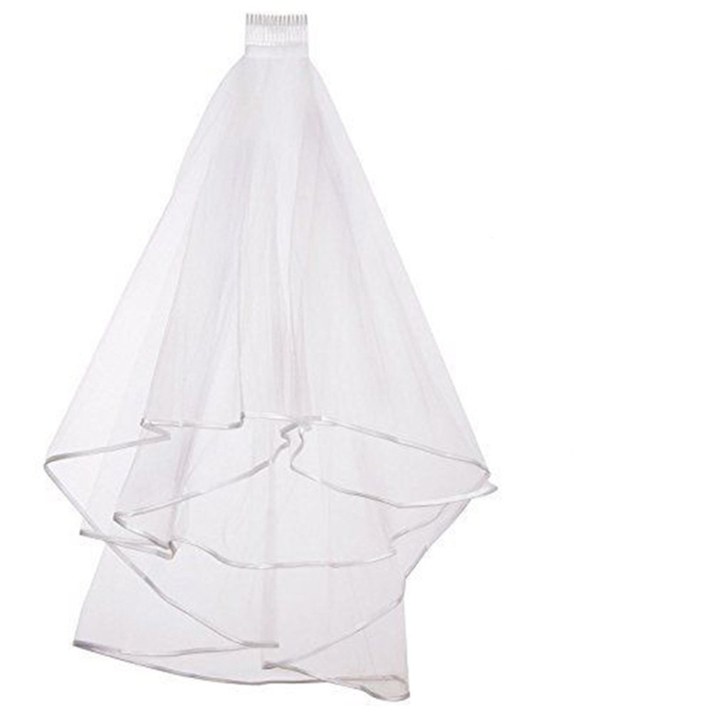 Véus de casamento de duas camadas com pente curto tule véu de noiva arco contas fita borda acessórios de casamento