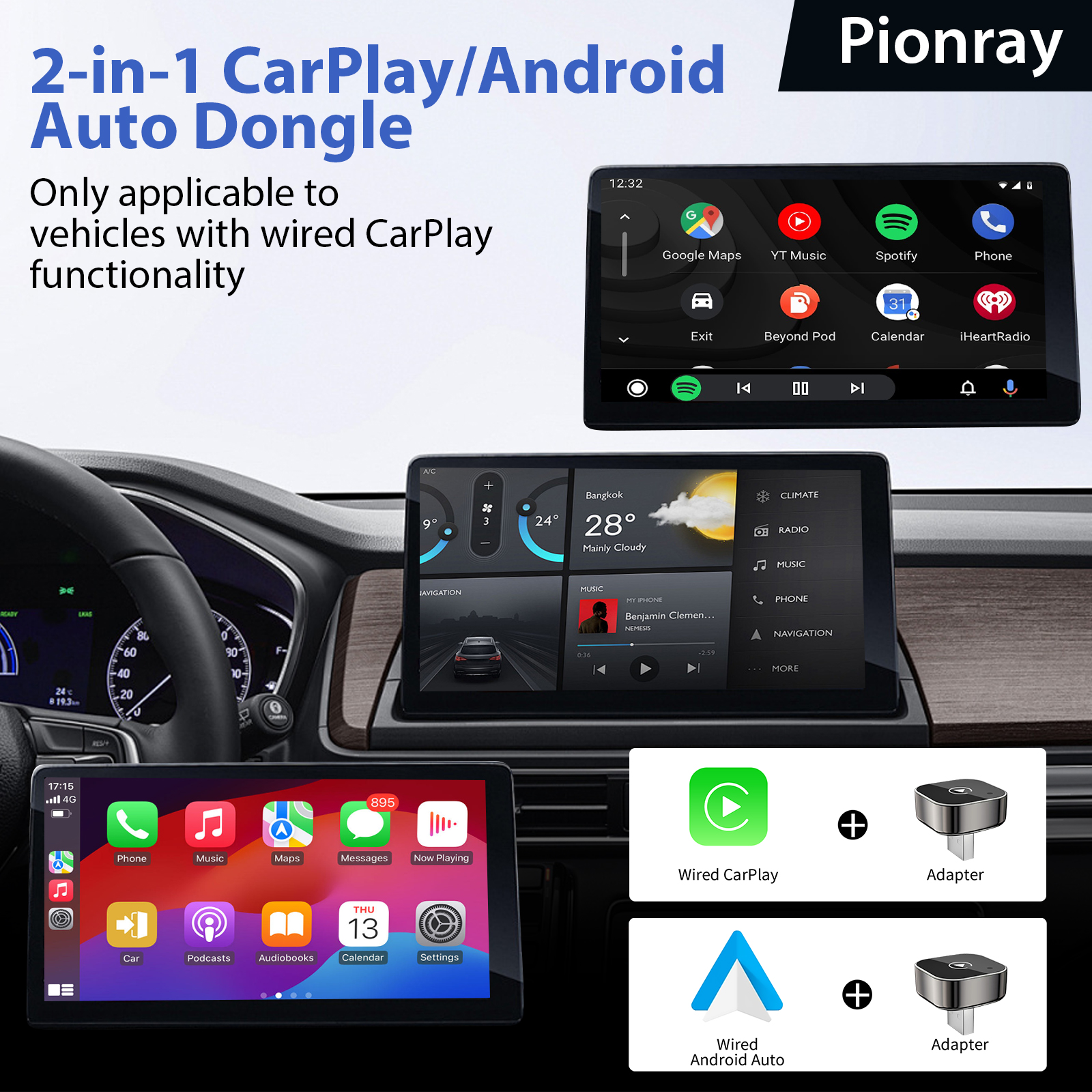 Nuevo Adaptador CarPlay inalámbrico Pionray 2 en 1 y adaptador inalámbrico automático Android, 5Ghz WiFi tipo C/USB Plug Play CarPlay inalámbrico