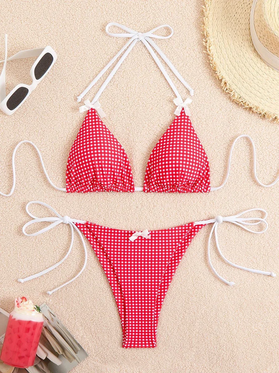 Sexy Bikini 2025 maillots de bain maillot de bain pour femme papillon décor à carreaux licou string Bikinis ensembles natation pour maillots de bain maillot de bain