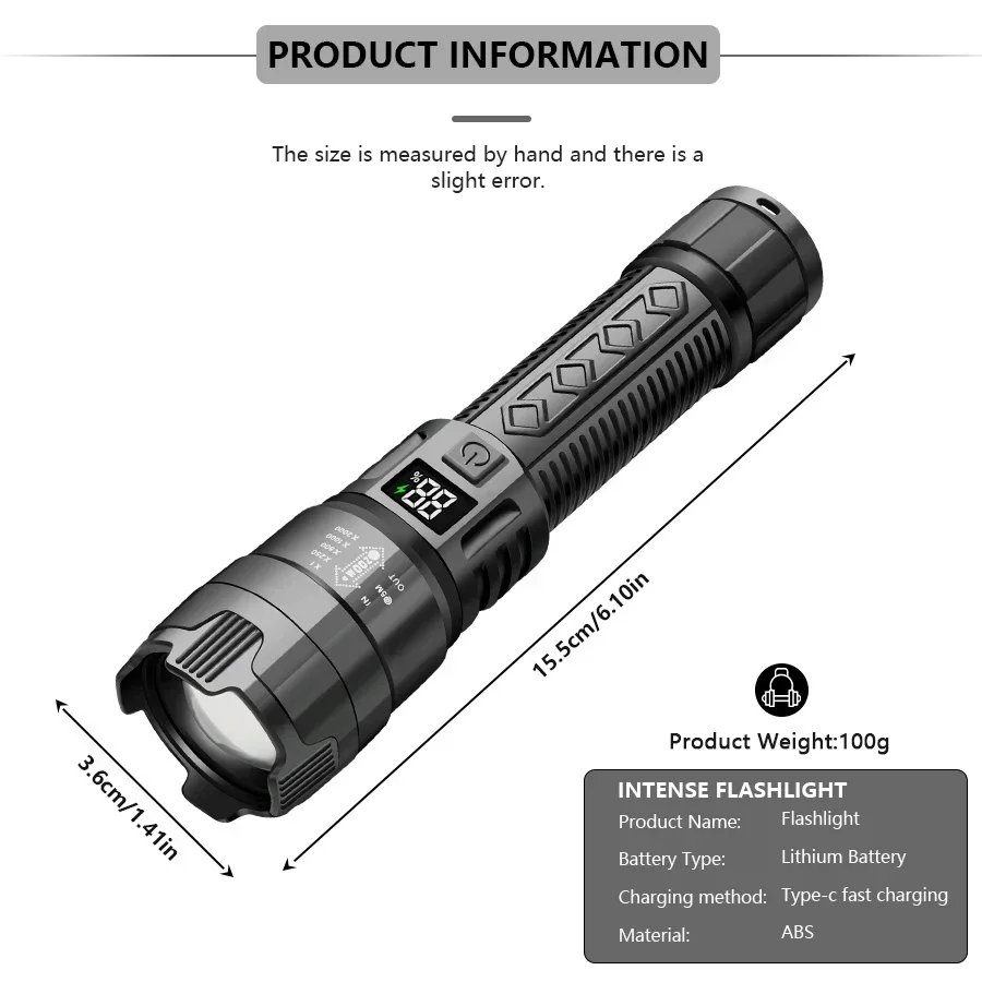 Hochstarke LED-Taschenlampen, 2000 lm, taktische Taschenlampe mit Display-Licht, USB-Aufladung, Camping, Angeln, Notfall-Zoom-Laterne
