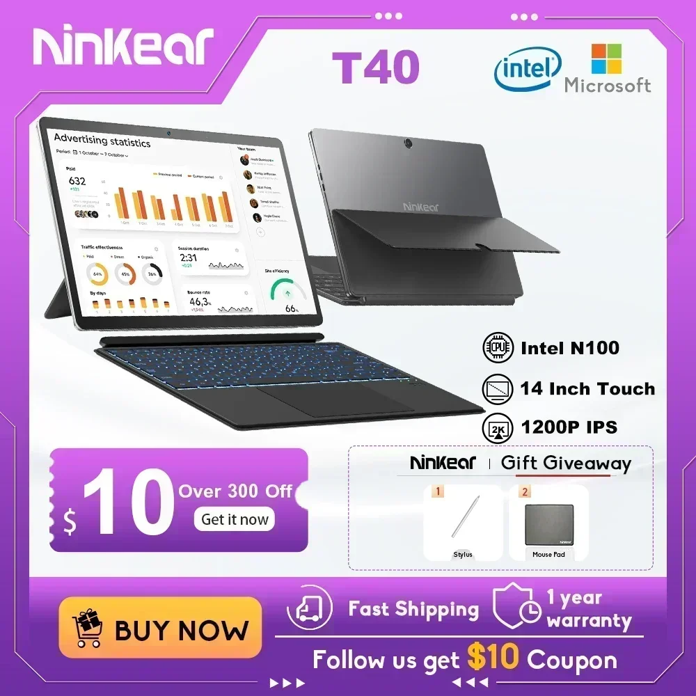 Ninkear-タッチスクリーン付きミニノートパソコン,Windows 11,T40,14インチ,2 in 1, Intel n100,16GB 512GB, 1200p ips,送料無料