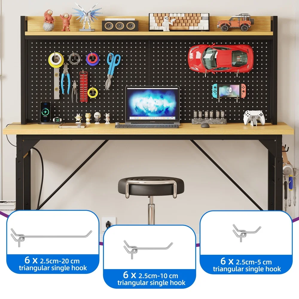 Multifunctional Heavy-Duty Workbench with Wheels Pegboard Power Outlets Adjustable Height 2000lbs Capacity Garage Workshop Tool