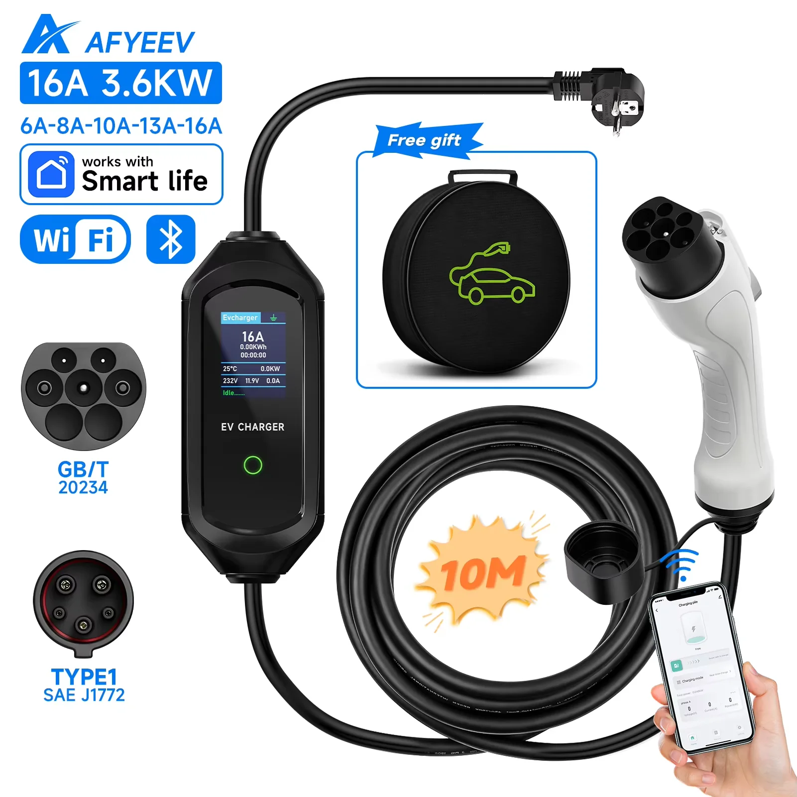 Xe Điện Đế Sạc 5M Di Động 8A-10A-13A-16A Điều Chỉnh Điều Khiển EV Sạc SAE J1772, loại 1 Và Loại 2 EVSE