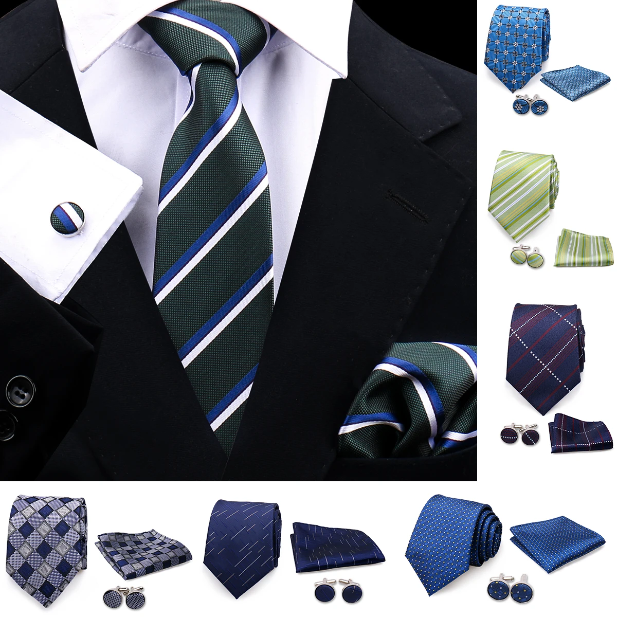 Hochwertiges Krawatten-Set, Geschenkbox, Krawatte, Einstecktücher, Manschettenknöpfe, Krawattenklammer-Set mit schwarzer Box, Herren-Geburtstagsgeschenk, Gravatas-Zubehör