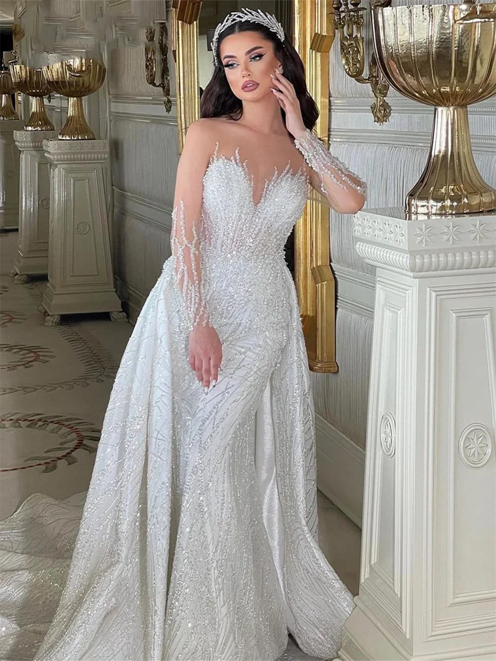 Angepasst Sheer Neck Perlen Braut Kleider Meerjungfrau Hochzeit Kleid Illusion Langarm Luxus Brautkleider Vestido De Noiva