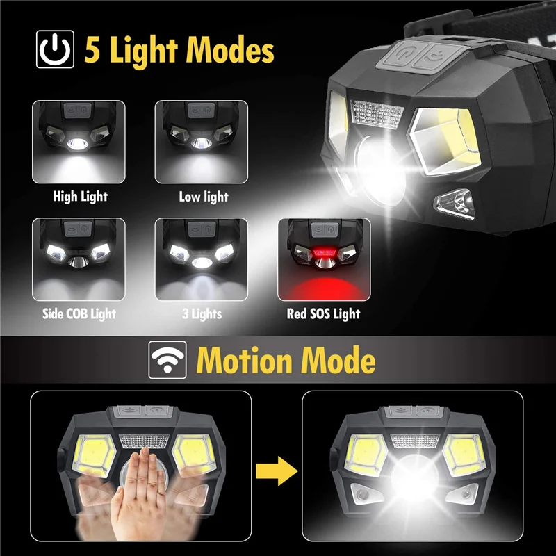 Linterna frontal recargable por USB, lámpara LED brillante para cabeza de 800 lúmenes, luz roja con Sensor de movimiento, luz frontal para pesca, senderismo y correr