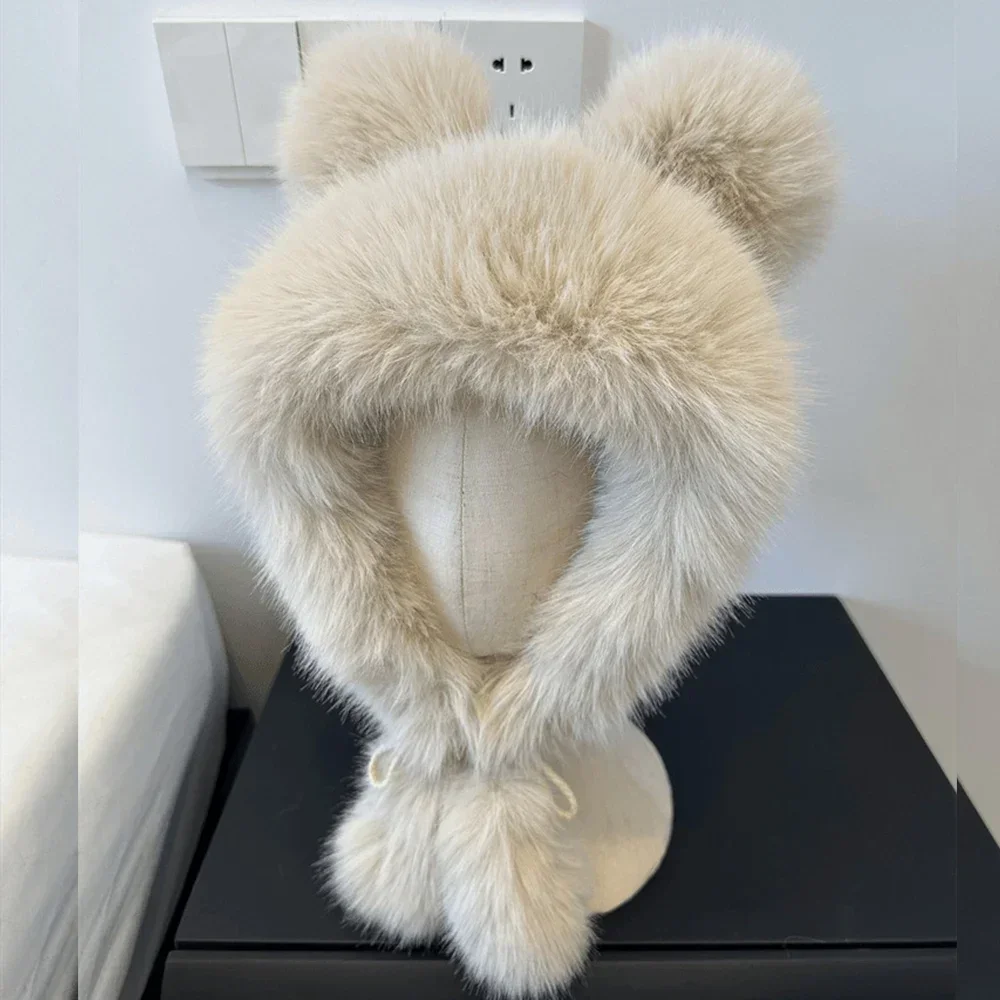 Gorro de felpa de visón de imitación de piel de zorro Kawaii cálido para mujer, gorro de bombardero japonés con orejas de oso bonito y grueso, gorro de Cosplay con protección para los oídos