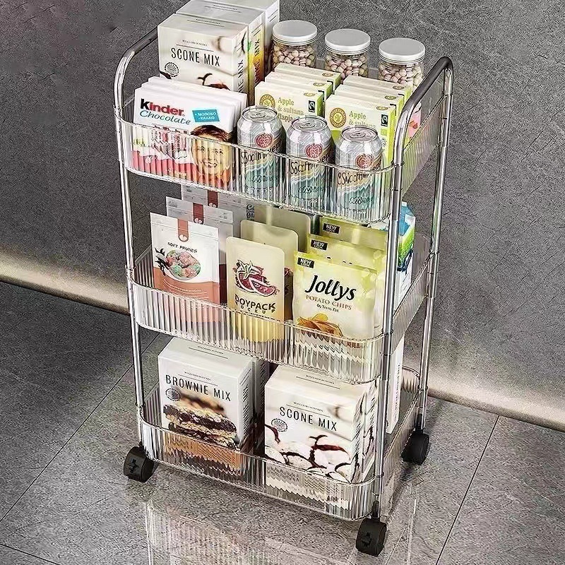 Multi-Layers Transparent Storage Rack with Wheels, Home Trolley Cart Suitable for Snacks Cosmetic Sundries and Kitchen Organizer