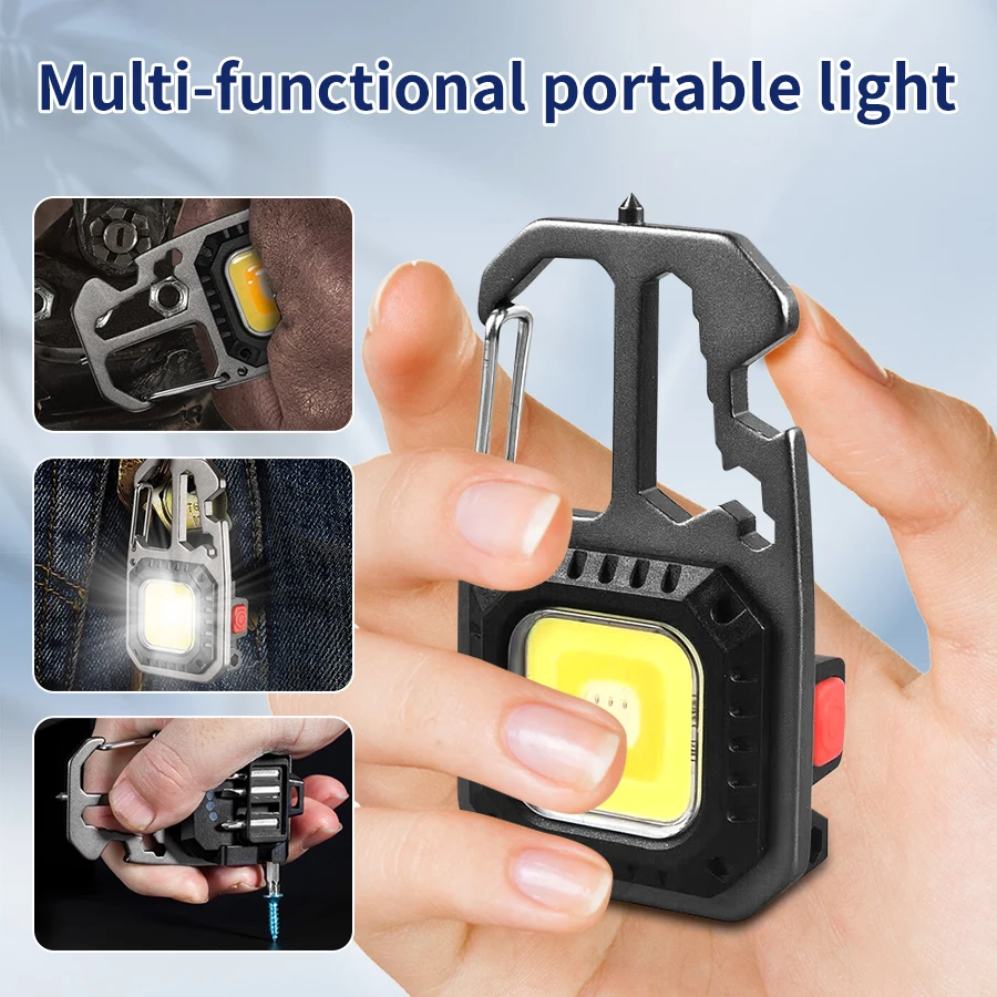 Mini torcia COB portatile lanterna a LED portachiavi ricaricabile luce da lavoro martello di sicurezza lampada da campeggio esterna apribottiglie