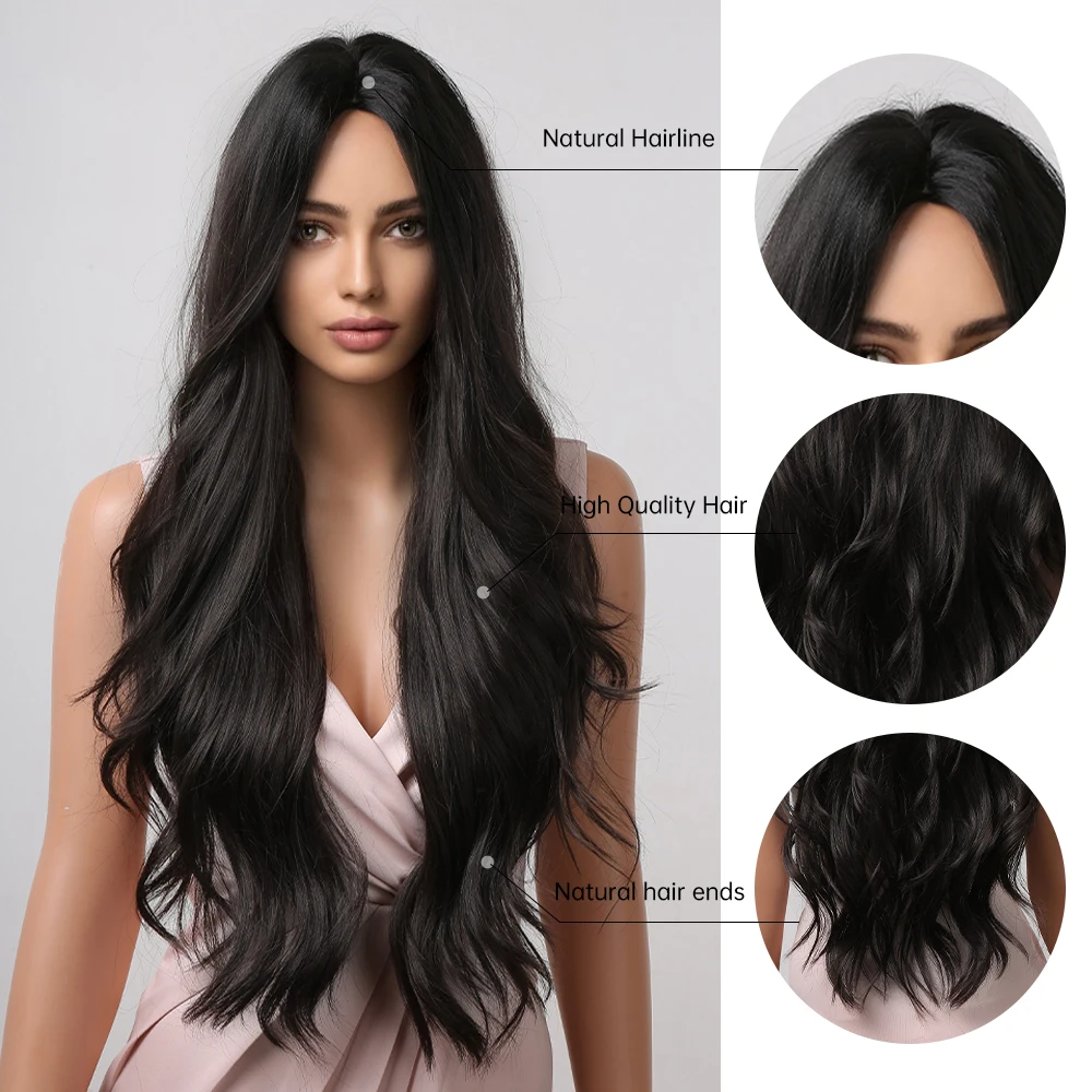 Lange gewellte synthetische Perücken für schwarze Frauen, dunkelbraune Perücke, natürlicher Mittelscheitel, gewellt, tägliches Cosplay-Haar, hitzebeständig