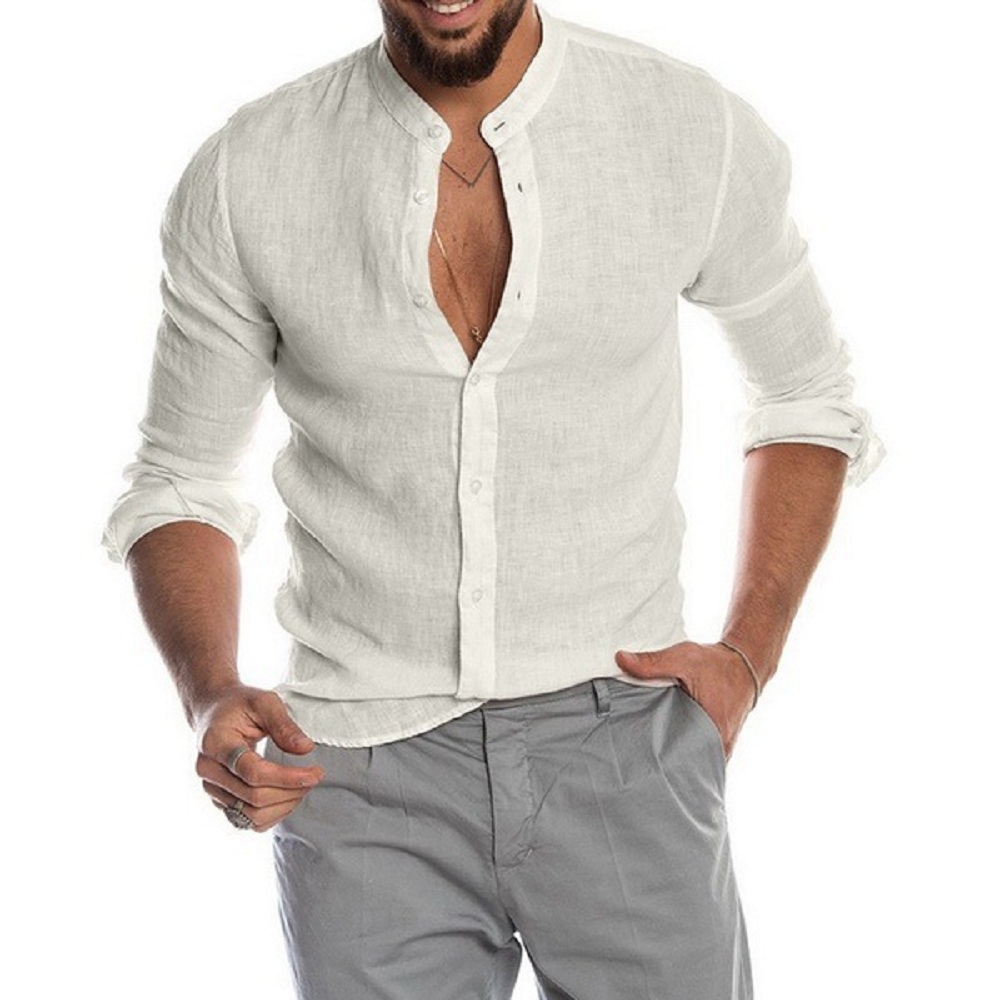 ผ้าฝ้ายลินินขายร้อนเสื้อแขนยาวผู้ชายฤดูร้อนสีทึบ Stand-Up COLLAR Casual Beach สไตล์ PLUS ขนาด