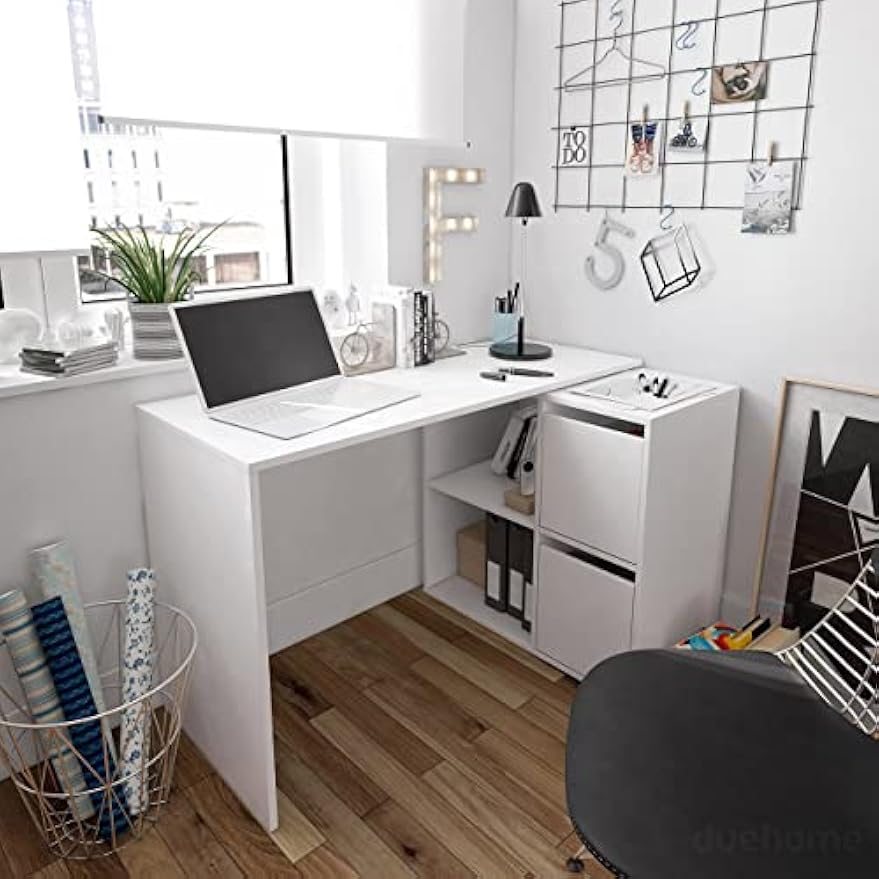 Réductions à durée limitée--LOUNGITUDE - Bureau Angle modulable (4 Positions) avec Rangement L120 cm - Blanc