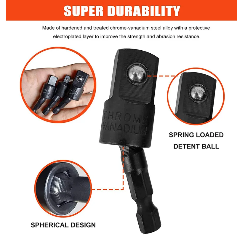 360°Rotatable Electric Power Drill Sockets Adapter Sets for Impact Driver with Hex Shank 1/4" 3/8" 1/2"