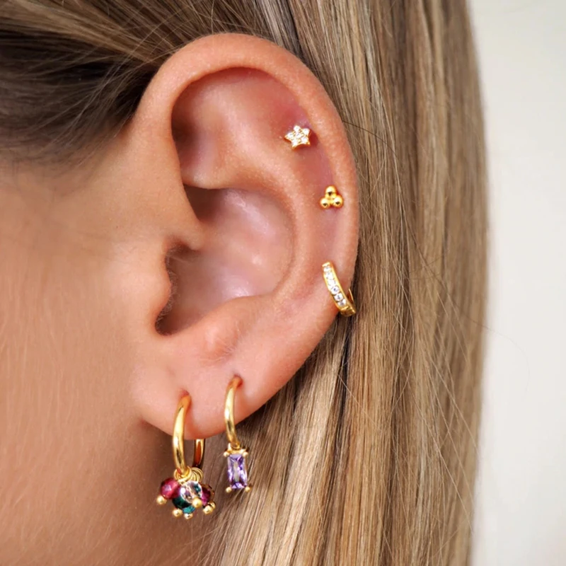925 Sterling anting-anting kancing liontin persegi tetesan air jarum perak untuk wanita anting-anting emas kristal hitam/merah muda/ungu perhiasan