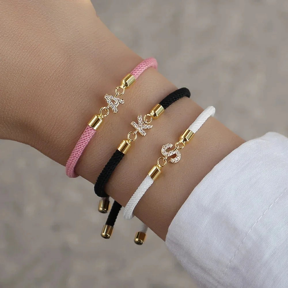 Nueva marca de moda pulsera con dije de letra inicial para mujer, pulsera de cuerda ajustable con circonita pavimentada A-Z para mujer, regalo de joyería