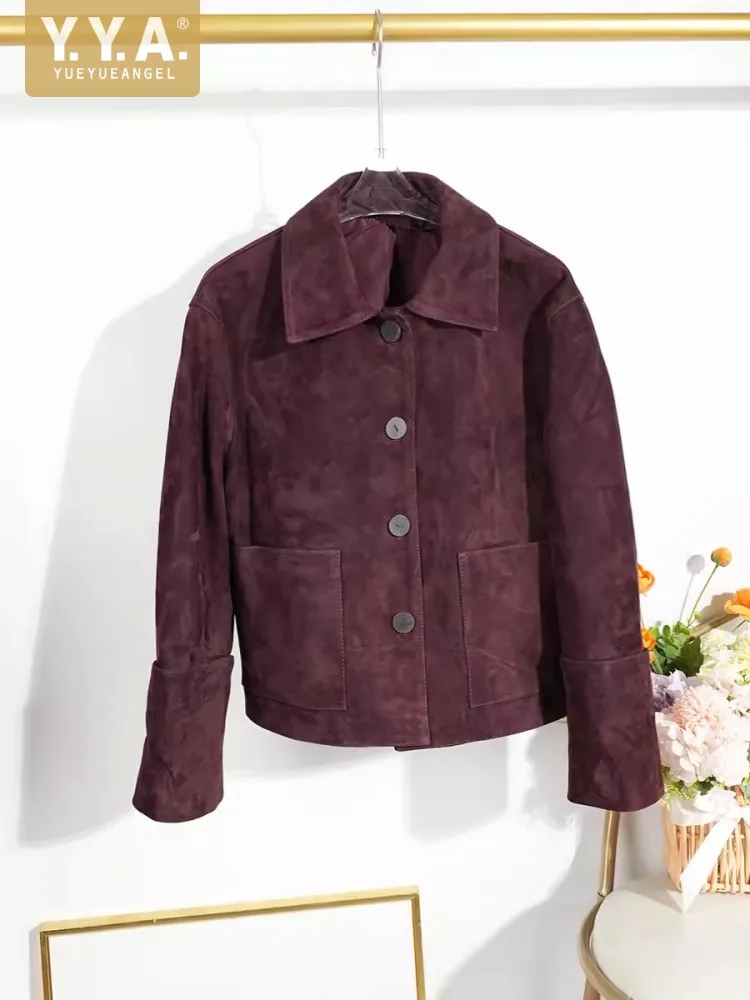 Wildleder Schaffell Kurz mantel Frauen neue Herbst Vintage lässig einreihig Turn-Down-Kragen Langarm Echt lederjacke