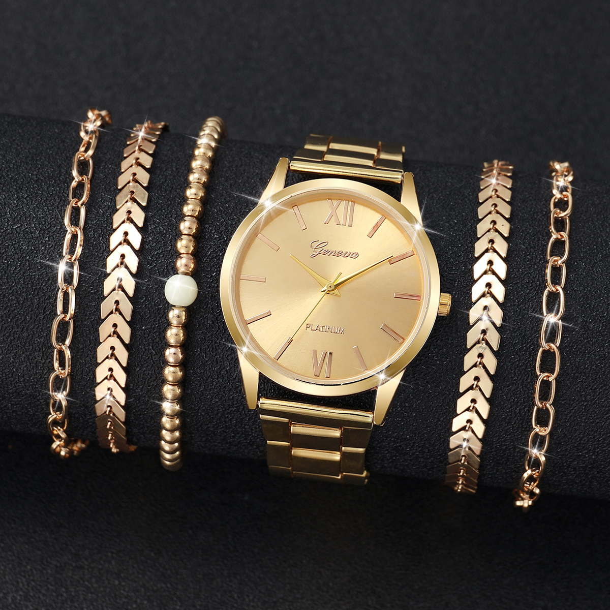 6 peças relógio feminino moda pulseira de aço dourado relógios de quartzo conjunto de pulseiras (sem caixa)