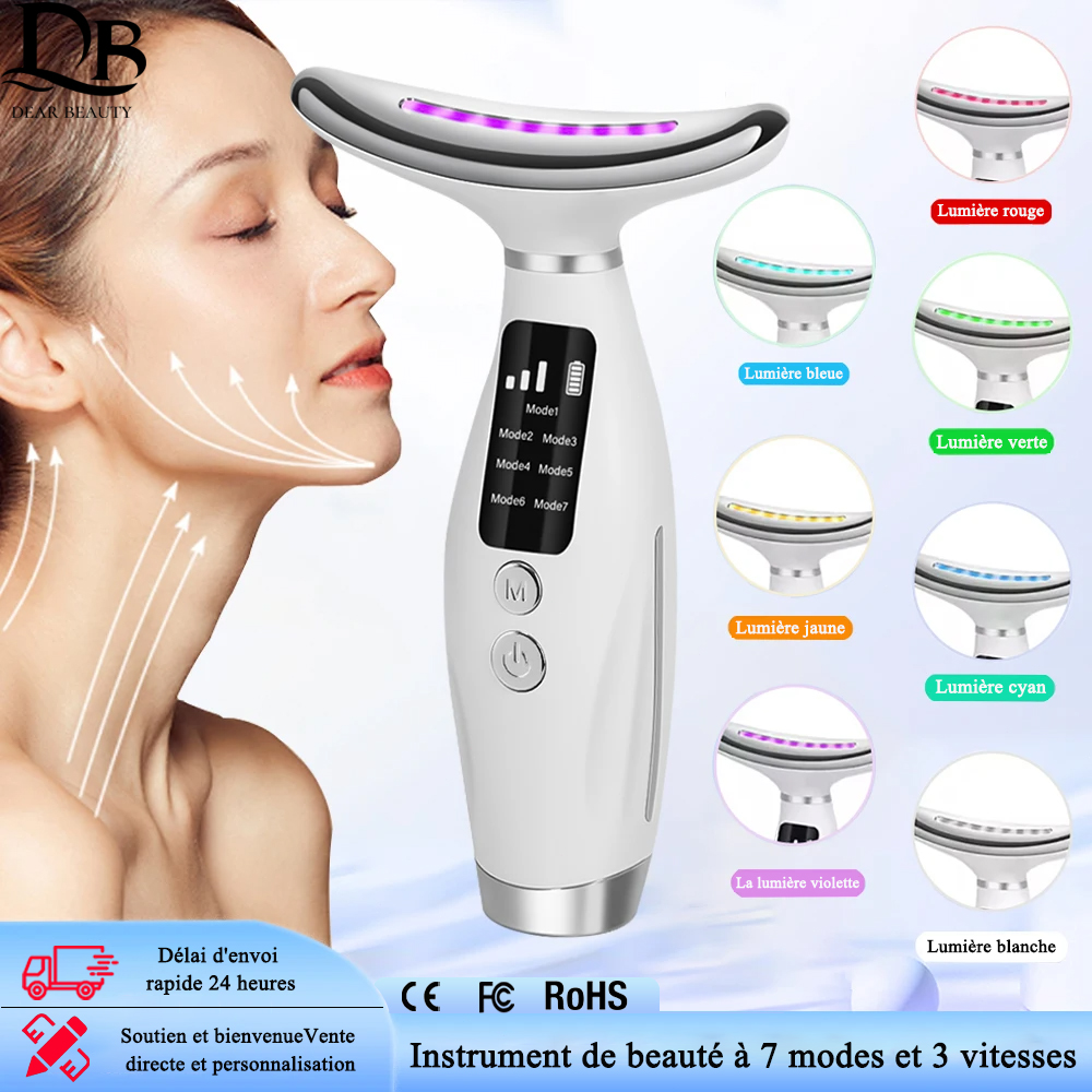 Appareil de beauté du visage et du cou, Massage par vibrations pour le visage et le cou, Skindion personnel, appareil de beauté à usage domestique, Machine de Lifting du visage,7 couleurs LED lumière visage cou beauty