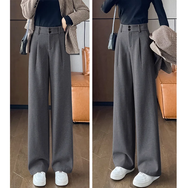 2024 herbst Winter Frauen Concise Woolen Hosen Dame Breite Bein Designer Außerhalb Hosen Weibliche Verdicken Hohe Taille Drapieren Hosen