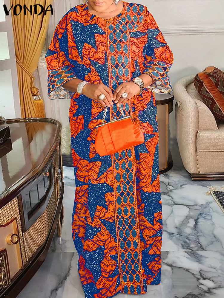 Vonda-女性のためのボヘミアンマキシロングドレス,3/4袖,カジュアル,プリント,エレガント,ルーズフィット,ラージサイズ,5xl,夏,2024