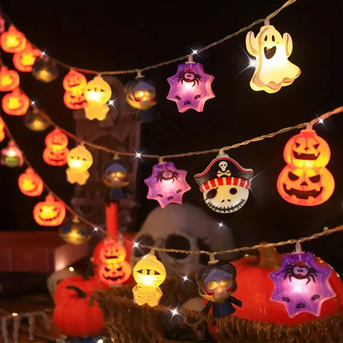Guirnalda de luces LED con forma de calabaza, murciélago, fantasma, gato, araña, pirata, bruja y mancha, decoración de Halloween, 1 ud., 10/20/30 LED