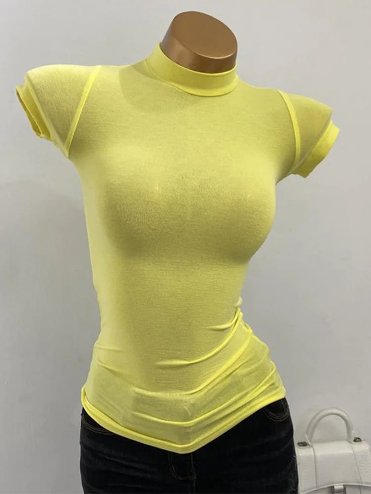 女性用ハイカラーTシャツ,半透明,半袖,スリム,伸縮性,抵抗力があり,横に着用,セクシー,大きな胸