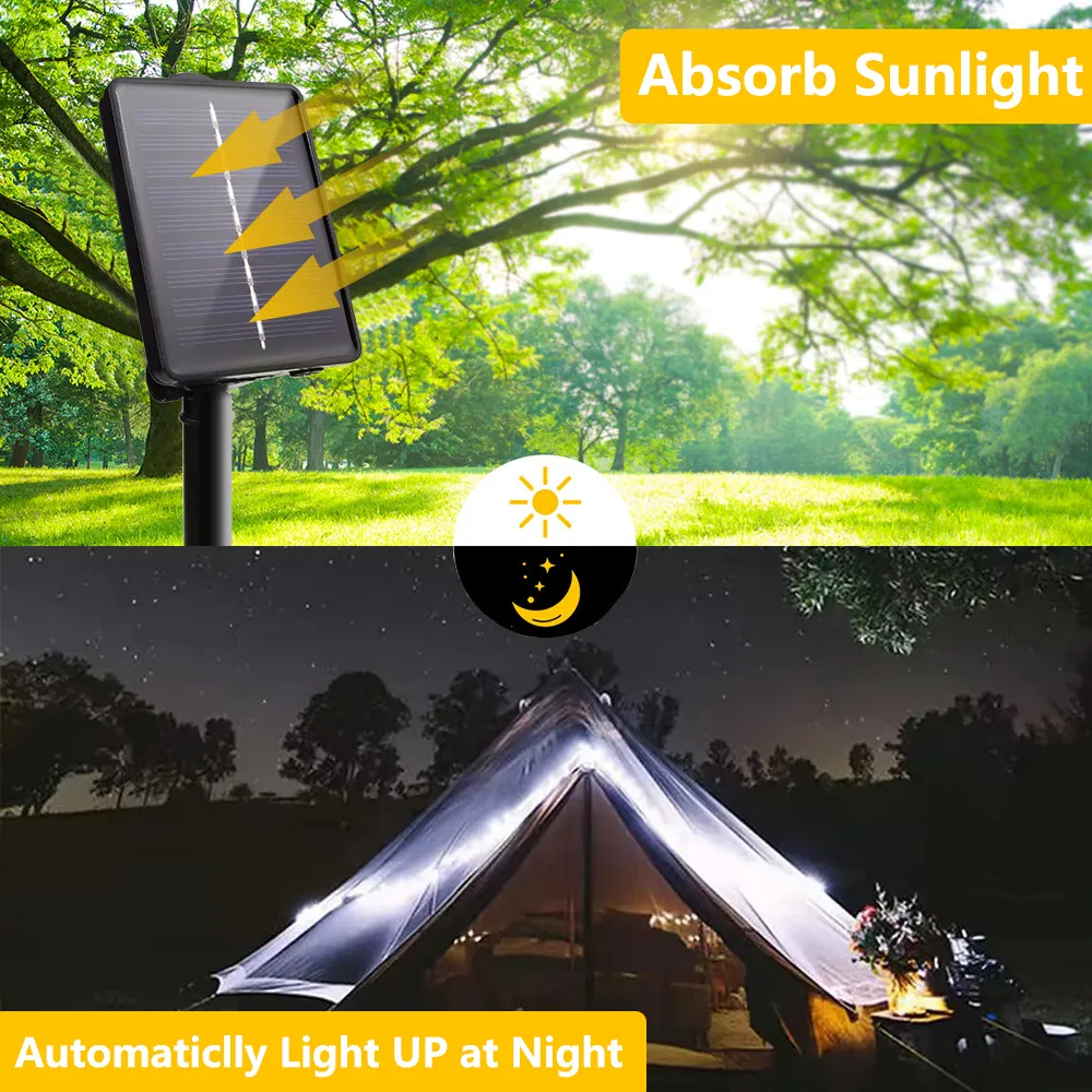 Guirnalda de luces LED solares para exteriores, lámpara impermeable para patio, árbol de Navidad y jardín, 100/200 ledes