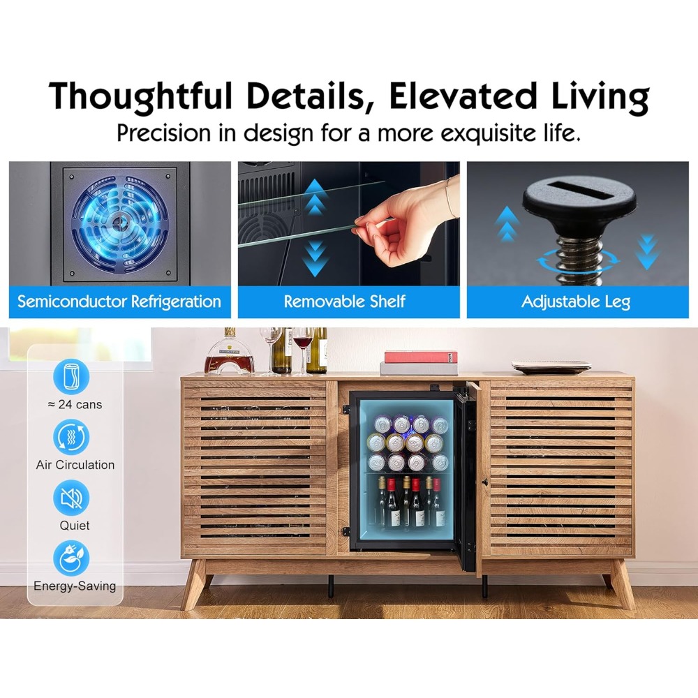 60" coffe bar cabinet with built-in beverage refrigerator– wine bar with 24 cans mini fridge– sideboard buffet cabinet with stor