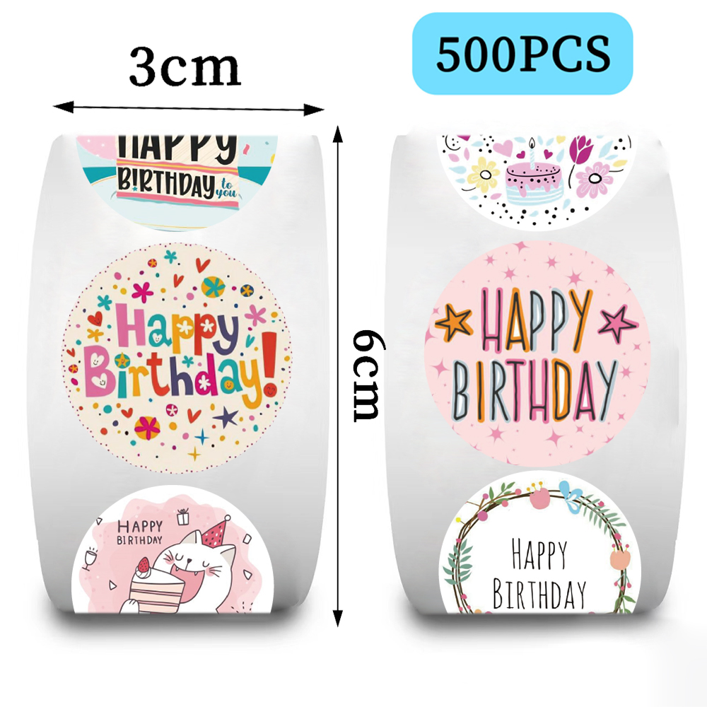 500 個ラウンドラベルハッピーバースデーステッカーキャンディーバッグフラワーケーキボックスギフト包装結婚式感謝装飾シールステッカー