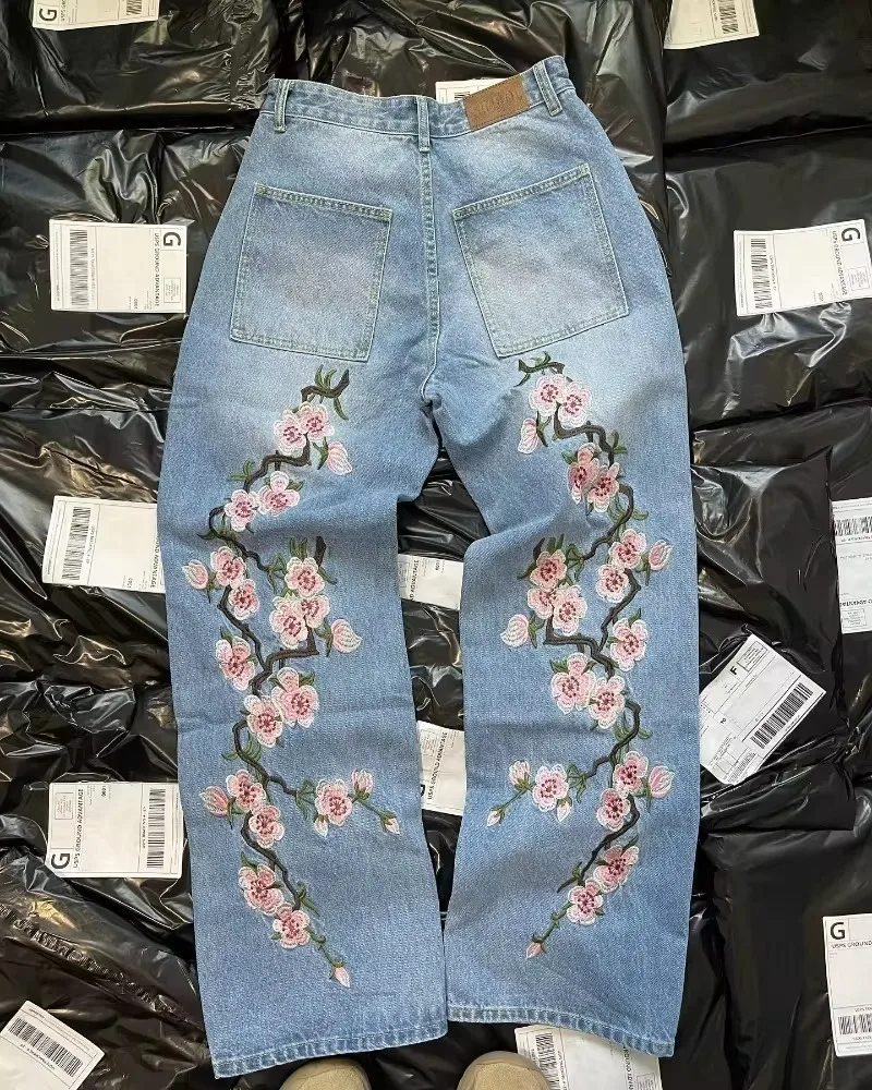 Pantalon en denim à motif de broderie artistique sans fleur pour hommes et femmes, jean rétro Y2K Harajuku, jambe droite High Street At